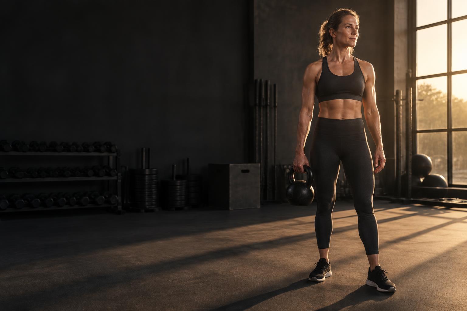 A strong woman holding a kettlebell in warm morning light