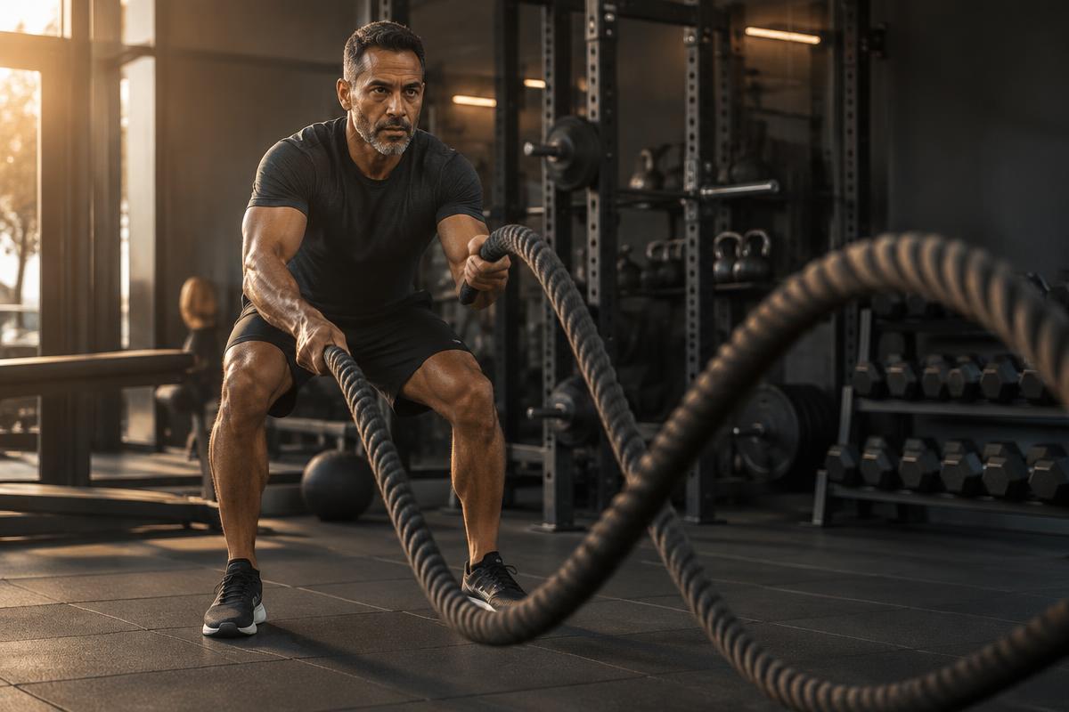 A man training with battle ropes